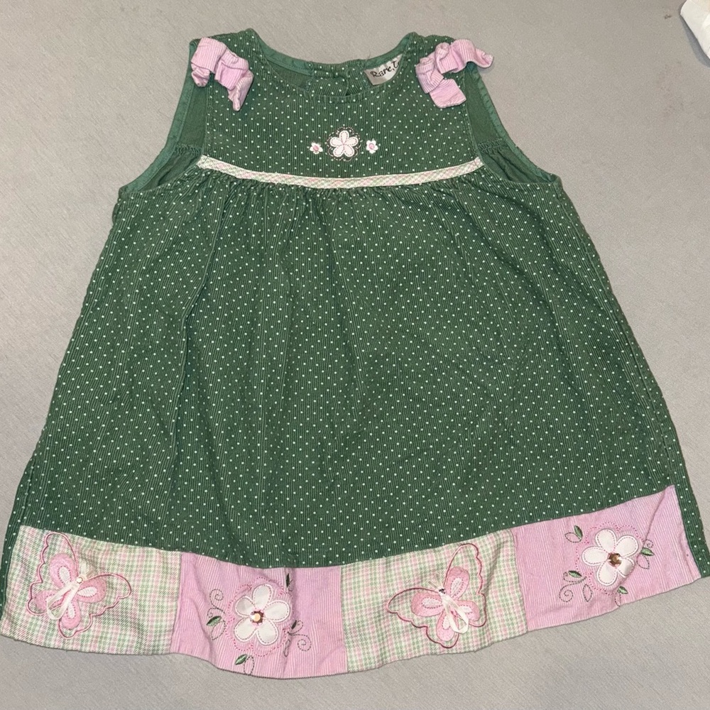 Green Polka Dot Casual Dress with Pink Trim for Girls